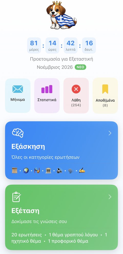 Αρχική οθόνη της εφαρμογής Ιθαγένεια Quiz με στατιστικά και πρόοδο