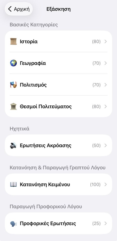 Βασικές κατηγορίες εξάσκησης: Ιστορία, Γεωγραφία, Πολιτισμός, Θεσμοί Πολιτεύματος