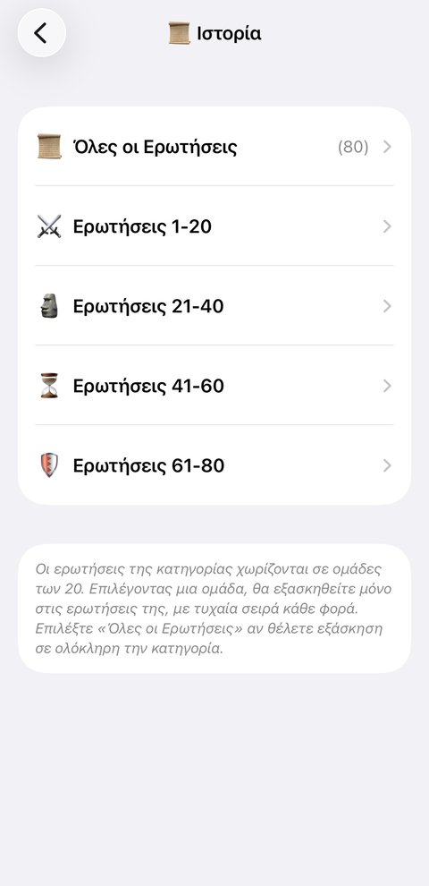 Υποκατηγορίες ερωτήσεων Ιστορίας